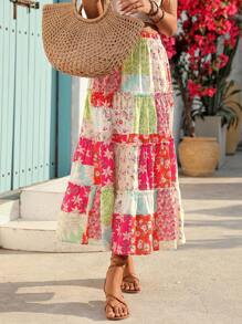 New Lightweight Floral Patchwork Pleated Skirt, Japanese Style Fresh Cute Ditsy Floral Summer Vacation Fashion Holiday Casual Skirt Suitable For Hawaii, Music Festivals, Ladies' Day Celebrations, Country Music Concerts, Graduation, Parties, Independence Day