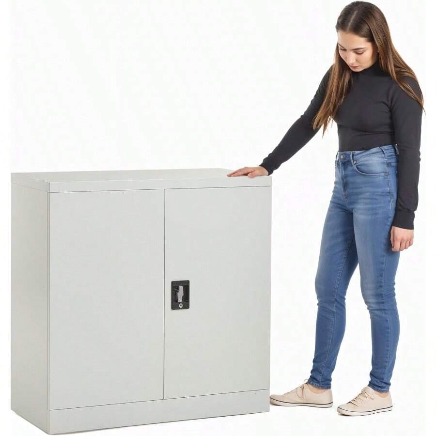 MMT Furniture Steel Storage Cabinet - 2 Door Lockable Filing Cabinet - Metal Storage Cupboard For Home Office Documents Files Kitchen Pantry Utility And Garage - Grey Small - Grey - View 1