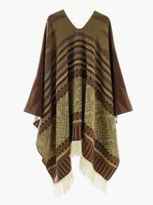 1pc Men's Striped Totem Travel Wrap Shawl With Tassels, Warm Patterned Poncho For Photography & Casual Wear