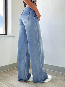 Women Retro Distressed Loose Straight Leg Jeans - Medium Wash - View 3