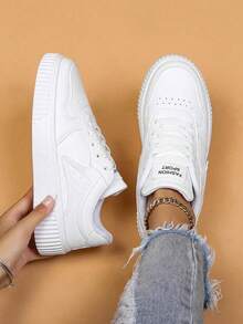 Low Top Women's Shoes Sneakers , Casual Shoes, Sports Shoes, Student Shoes, Fashionable Color Blocking Design With Lace Up, Ultra Light EVA Sole, Breathable And Soft, Suitable For All Seasons - White - View 3