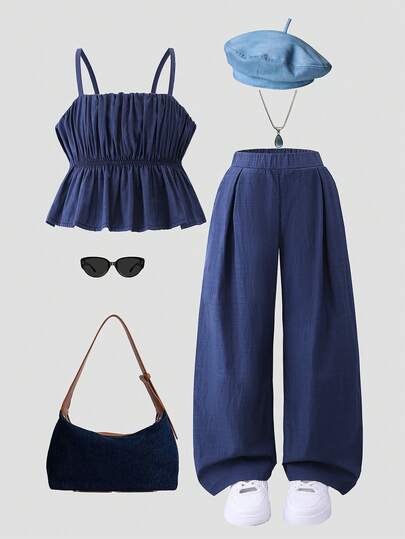 2pcs Girls Casual Solid Color Pleated Camisole And Pants Set, Summer
