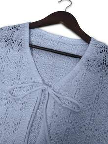 Women's Beach Cover Up Cardigan - Hollow Out Knitwear Top With Bow Tie, V-Neck Loose Drop Shoulder Design, Bikini Women Crochet Crop Tops Tie Front Bell Long Sleeve Knit Shrug Shrugs Girl's Knitted Plus Size Flounce, Spring Summer Fall