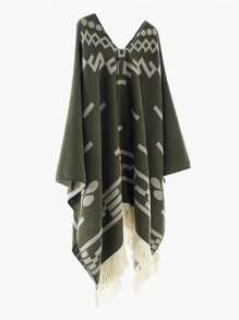 1pc Men's Geometric Pattern Tasseled Poncho Cape Shawl, Warm Outerwear Shawl