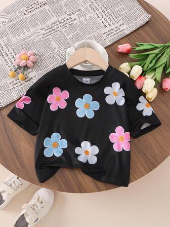 1pc Girls 4-7 Years White 3D Floral Print Short Sleeve T-Shirt, Summer