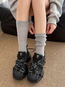 1 par de calcetines por encima de la rodilla de unicolor con empalme de malla y encaje, calcetines de rejilla de primavera/otoño con pila pequeña en la pierna, calcetines de tubo de mujer con empalme hasta la pantorrilla, medias transpirables de rayas verticales de malla ajustadas