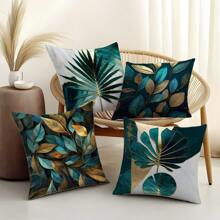 [2D Flat Printing] 4pcs 3D Green And Gold Leaf Print Pattern Pillow Covers [Without Pillow Insert], 17.7*17.7in (45*45cm), [Single-Sided Printing] Polyester Decorative Cushion Covers For Sofa, Bed, Living Room, Bedroom, Car, Office, Hotel, Room Decor, Home Decor, Bedroom Decor, All Season, Perfect Gift For Family And Friends