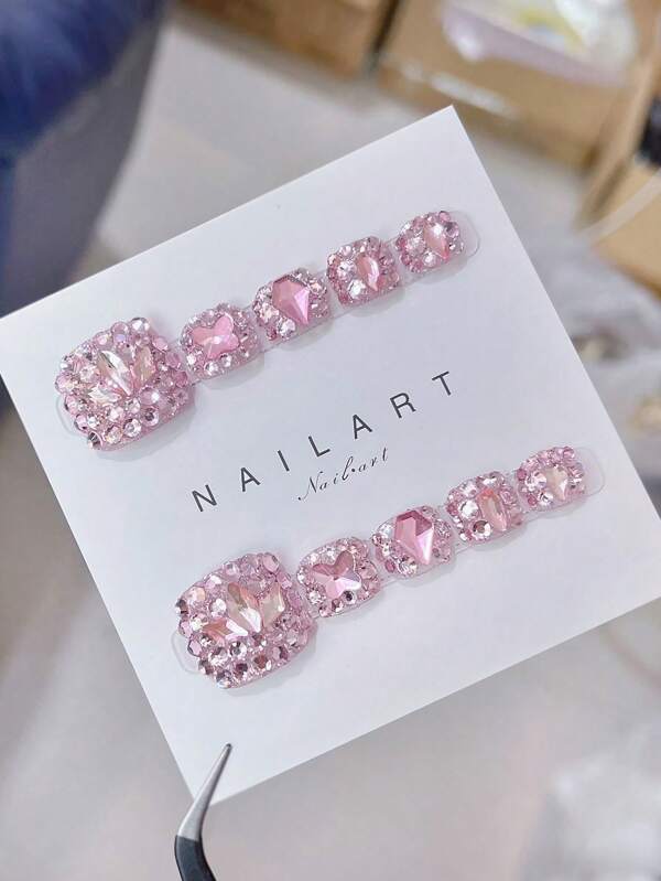 1 set de 10 pièces d'ongles de pied carrés scintillants à presser ornés de strass, style élégant et sexy pour les femmes, ongles de pied pour banquet