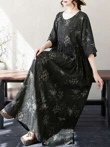 2026夏季复古连衣裙，波西米亚休闲度假连衣裙，优雅连衣裙，圆领宽松撞色连衣裙，睡衣打底衫，沙滩度假连衣裙 - 深灰色 - 查看 7