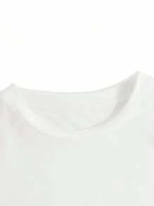 Letter Print Round Neck Casual Loose Fit Short Sleeve T-Shirt Top, Knitted Fabric, Women