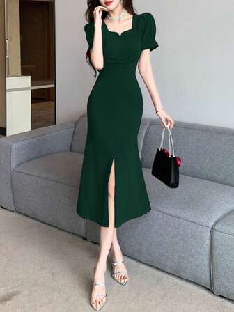 时尚夏季短袖裙毕业礼服女士精致性感泡泡袖薄款开叉包臀毕业服女黑色连衣裙