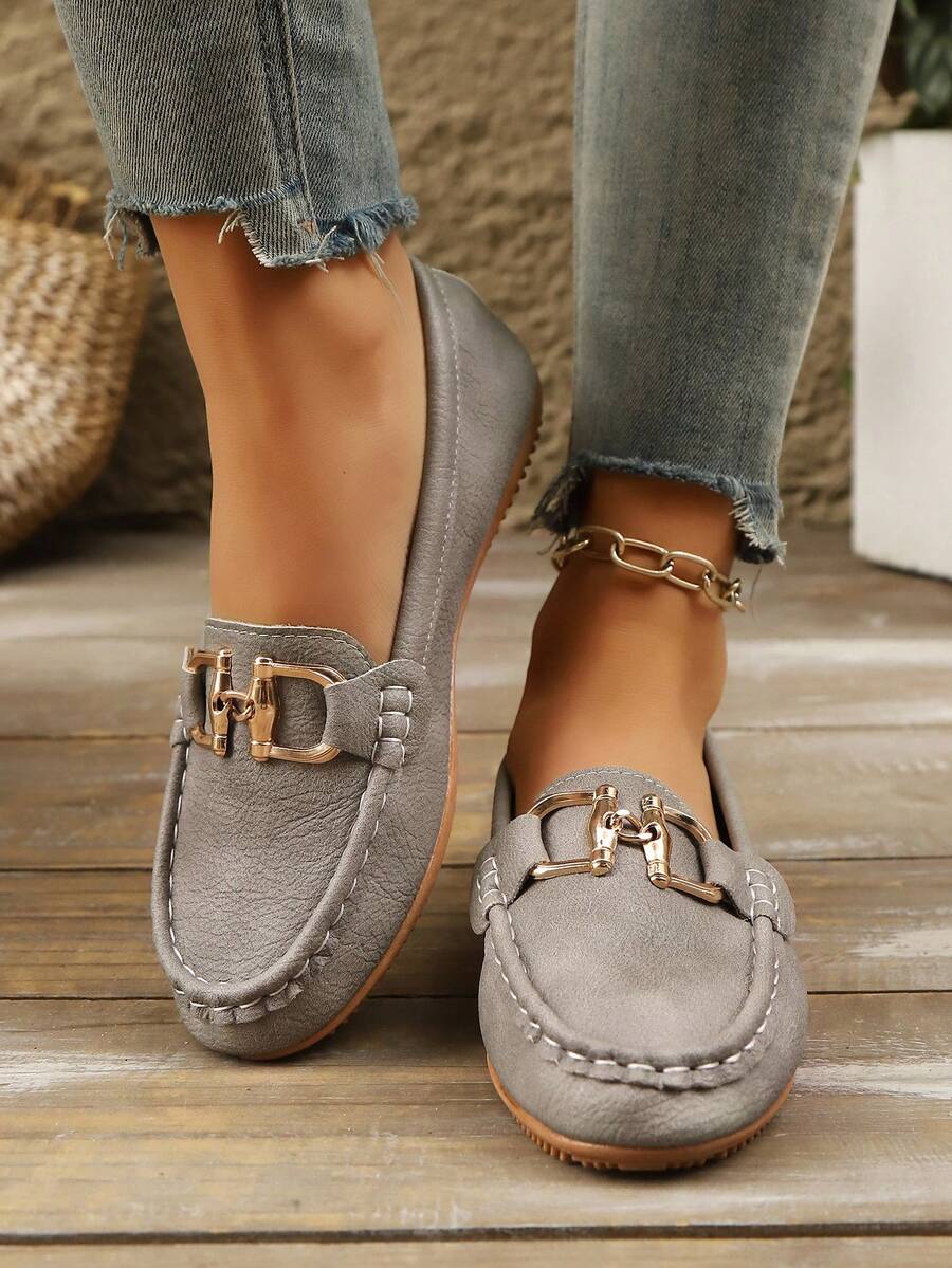 New Lightweight Casual Slip-On Loafers For Women, Versatile, Breathable For Daily Commute & Vacation, Lace-Up Round Toe, Lightweight Lychee Texture Leather Upper, Grey - Grey - View 1