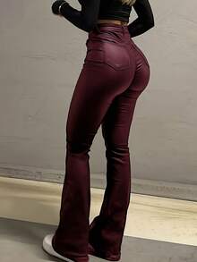 Black High Waist Flared Coated Faux Leather Pants, Slim Fit Flattering, American Beauty Style, Spring Season - Burgundy - View 7