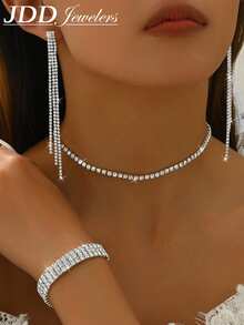 4pcs Women Jewelry Set, European And American Fashion Charm Rhinestone Chain Bracelet, Earrings, Necklace Jewelry Set, Gift For Mother - Multicolor - View 1