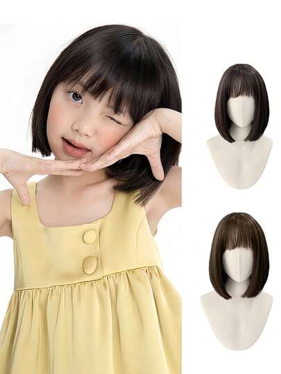 Kids Short Hair Fei-Show Synthetic Heat Resistant Fiber Black Bob Wig With Flat Bangs Modern Show Cosplay Halloween Carnival Wigs