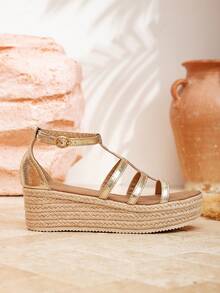 Women's 2025 Summer New Arrival Straw Braid Sandals, Vacation Style Wedge Heel Platform Canvas Sole Ankle Strap Sandals - Gold - View 7