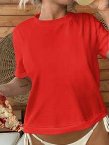 Cotton Women's Round Neck T Shirt, Women's Spring And Summer Hundred Top, Soft And Breathable Women's Red Short Sleeve Top - Red - View 1