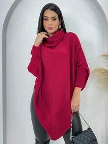 Swisz Women's Winter Poncho Knit Long Sleeve V-Neck Sweater With Scarf - Hot Pink - View 1