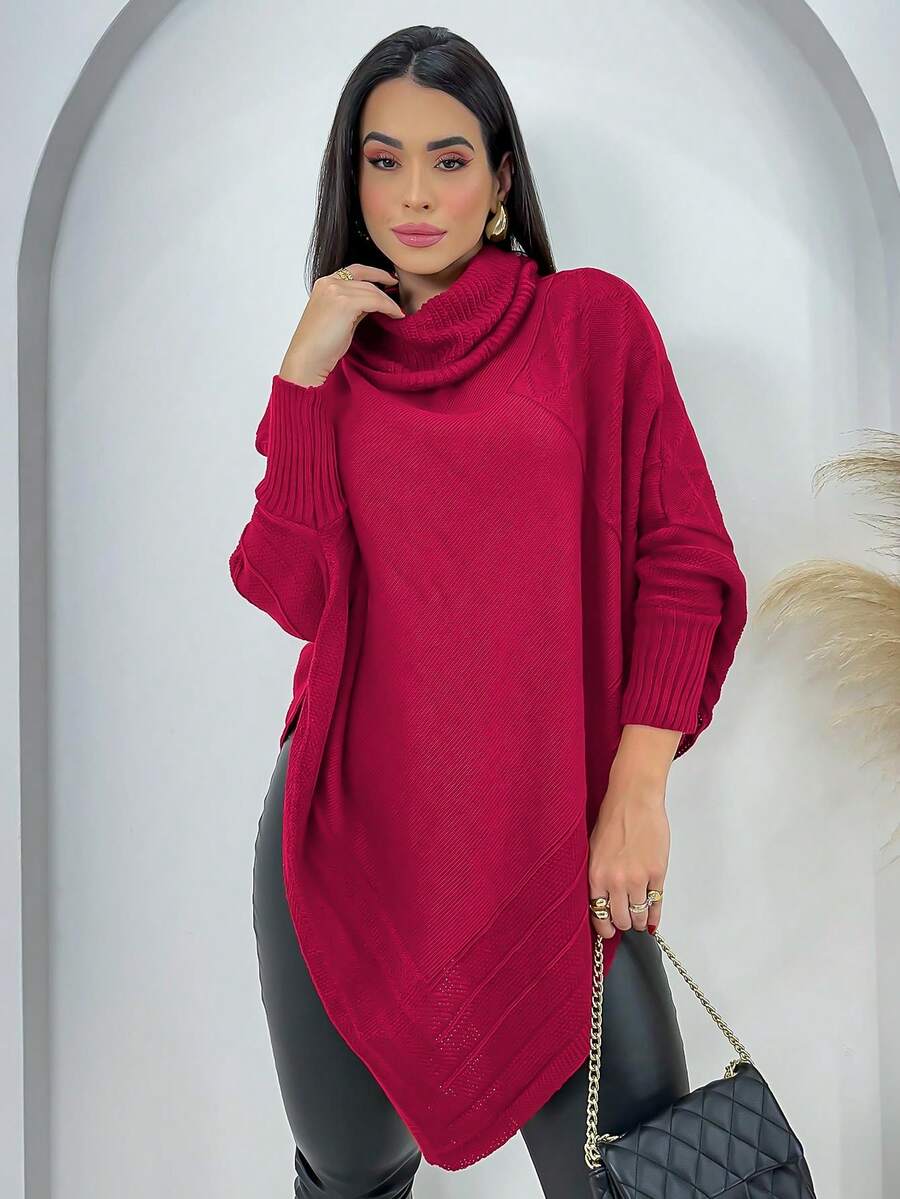 Swisz Women's Winter Poncho Knit Long Sleeve V-Neck Sweater With Scarf - Hot Pink - View 1