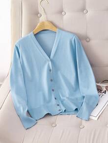 GIGOGOU Women's Solid Color Long Sleeve Single-Breasted Casual Cardigan, Spring/Autumn - Blue - View 4