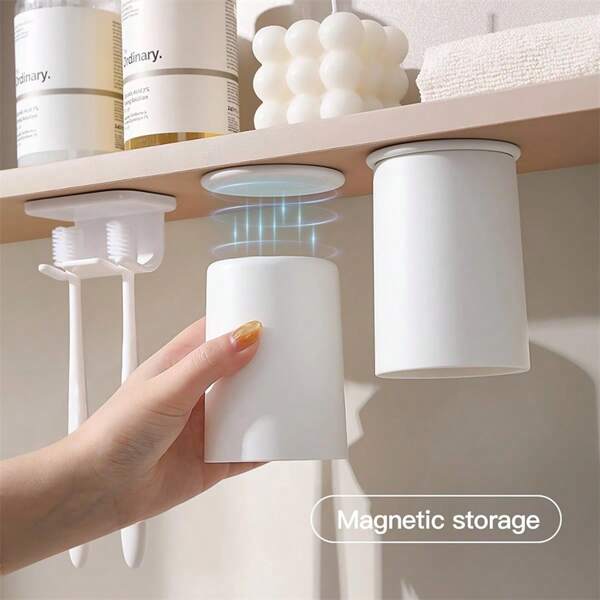 Magnetic Adsorption Upside Down Gargle Cup, No Drill Mirror Cabinet Storage, Minimalist Toothbrush Holder Cup For Couples, Bathroom Accessories With Drainage Design For Easy Cleaningbathroom Decor Fall Decor Back To School