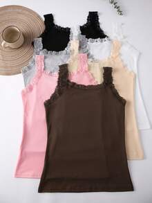 6 PCS Lacy Tank Tops For Women,Seamless And Breathable, With A Crew Neck Vest - Multicolor - View 5
