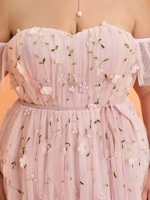 Plus Size Off Shoulder Embroidery Draped Mesh Maxi Wedding Dress, Bridesmaid Dress - Pink - View 6