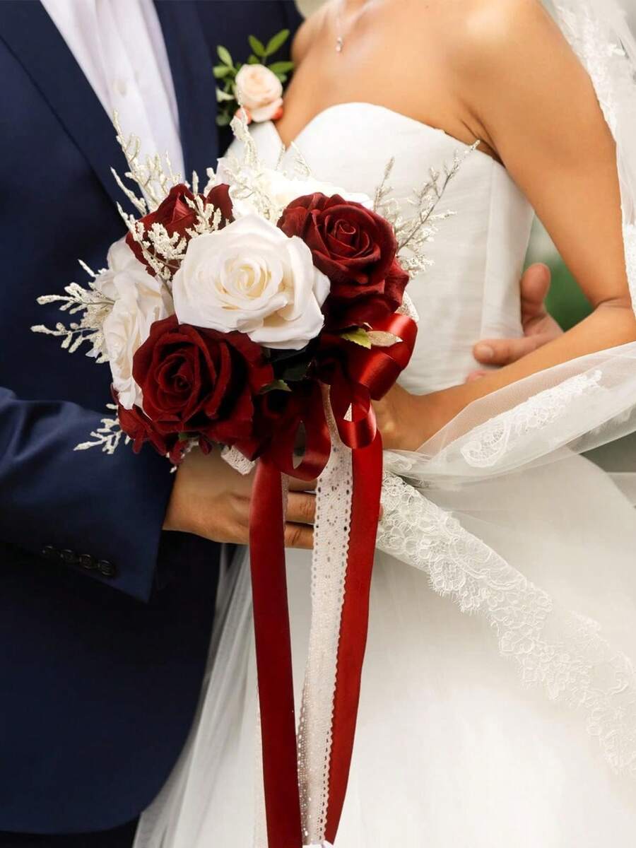 新娘婚礼花束,伴娘婚礼花束,婚礼民事仪式用人造抛掷玫瑰,带丝带手柄,波西米亚乡村教堂装饰抛掷花束,夏季生日礼物,海滩返校学校用品,房间装饰 - 酒紅色 - 查看 1