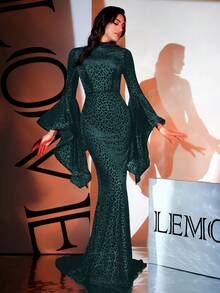 Vestido formal verde de manga comprida, alargado, com gola alta, longo, para festa - Verde - Ver 3