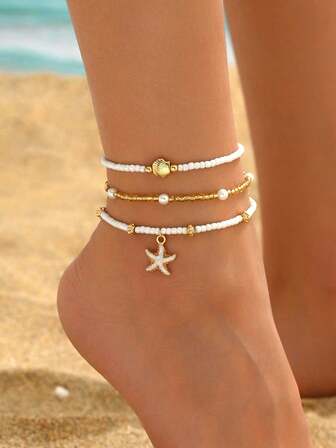 3 件套波西米亚风格人造珍珠串珠贝壳和海星脚链，百搭，适合男士/女士海滩、派对、日常穿着，优雅的礼物