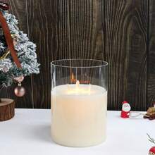 3 Wick Flameless Glass Candle, Glass Cylinder LED Candle With 6-Hour Timer Function Electric Candles Battery Table Candle For Decoration Table Living Room Bedroom Garden (White, Large) - White - View 7