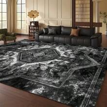 1pc Luxury Black & Gray Vintage Boho Area Rug With American Creative Elements, Rectangular Soft & Anti-Slip Carpet For Outdoor, Entryway, Living Room, Bedroom, Laundry Room, Bathroom, Game Room, Machine Washable, Home Decor