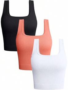 OQQ Women's 3 Piece Tank Tops Ribbed Seamless Workout Exercise Shirts 2025 Summer Basic Camis - Orange - View 1