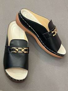 Summer Fashion Preppy Casual Elegant Metal Chain Detail Slide Sandals, Convenient And Cool For Going Out