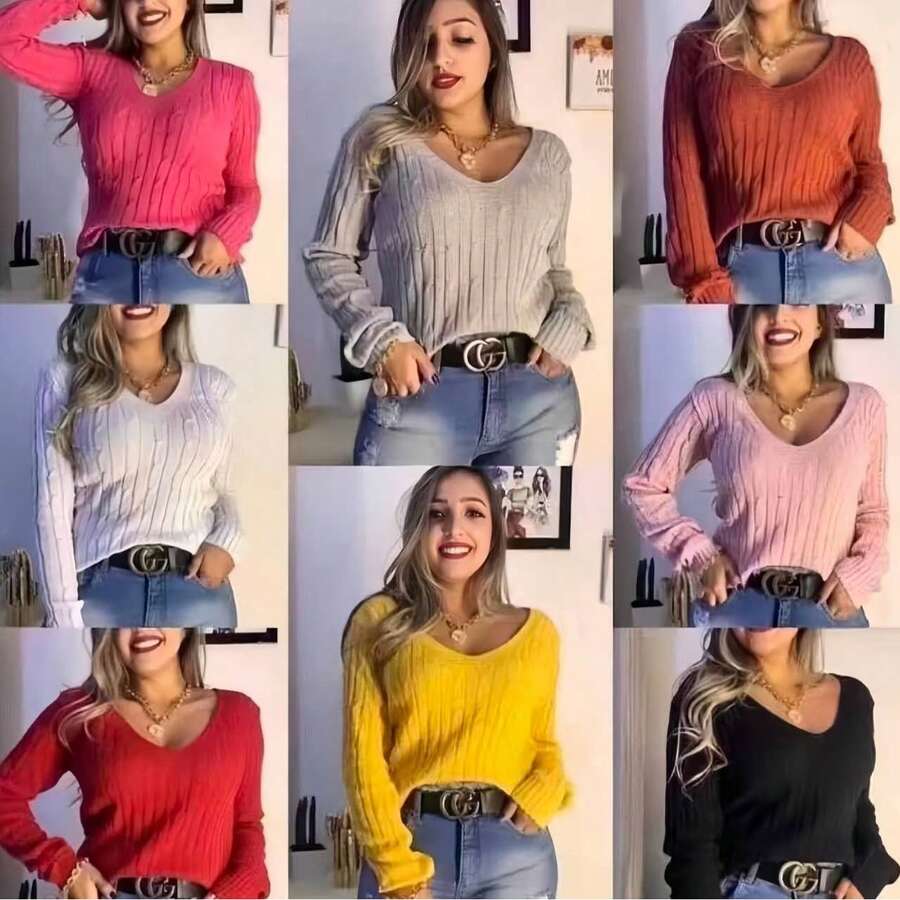 Knitwear TRACA Long Sleeve Striped Blouse COLA V Plain V-Neck Blouse Polyester With Elastane Ribbed Collar And Cuffs ONE SIZE 36-40