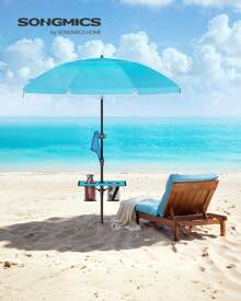 SONGMICS Ombrellone 160 cm di Diametro, Ombrellone da Spiaggia, Protezione Solare UPF 50+, Inclinabile 30°, Altezza Regolabile, con Ripiano e Gancio, per Giardino, Senza Base, Blu