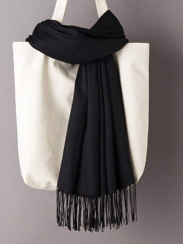 1pc 190*70cm Women Black Outdoor Classic Lightweight Fringe Solid Color Windproof Poncho, Fashion Unisex Thin Scarf, Suitable For Air-Conditioned Room, Extra Large Warm Scarf