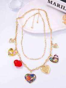 1pc Bohemian Style Alloy Oil Drop Multi-Heart Pendant Layered Chain Necklace For Women - Chain Necklace - View 4