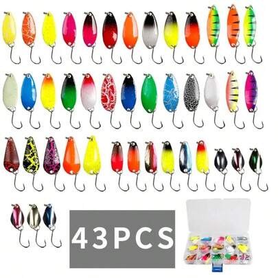 43 piezas de un set de señuelos de pesca de alta calidad con cucharillas metálicas - Adecuado para la pesca de lubina y carpa - Incluye señuelos duros con lentejuelas y caja de almacenamiento - Accesorios de pesca esenciales
