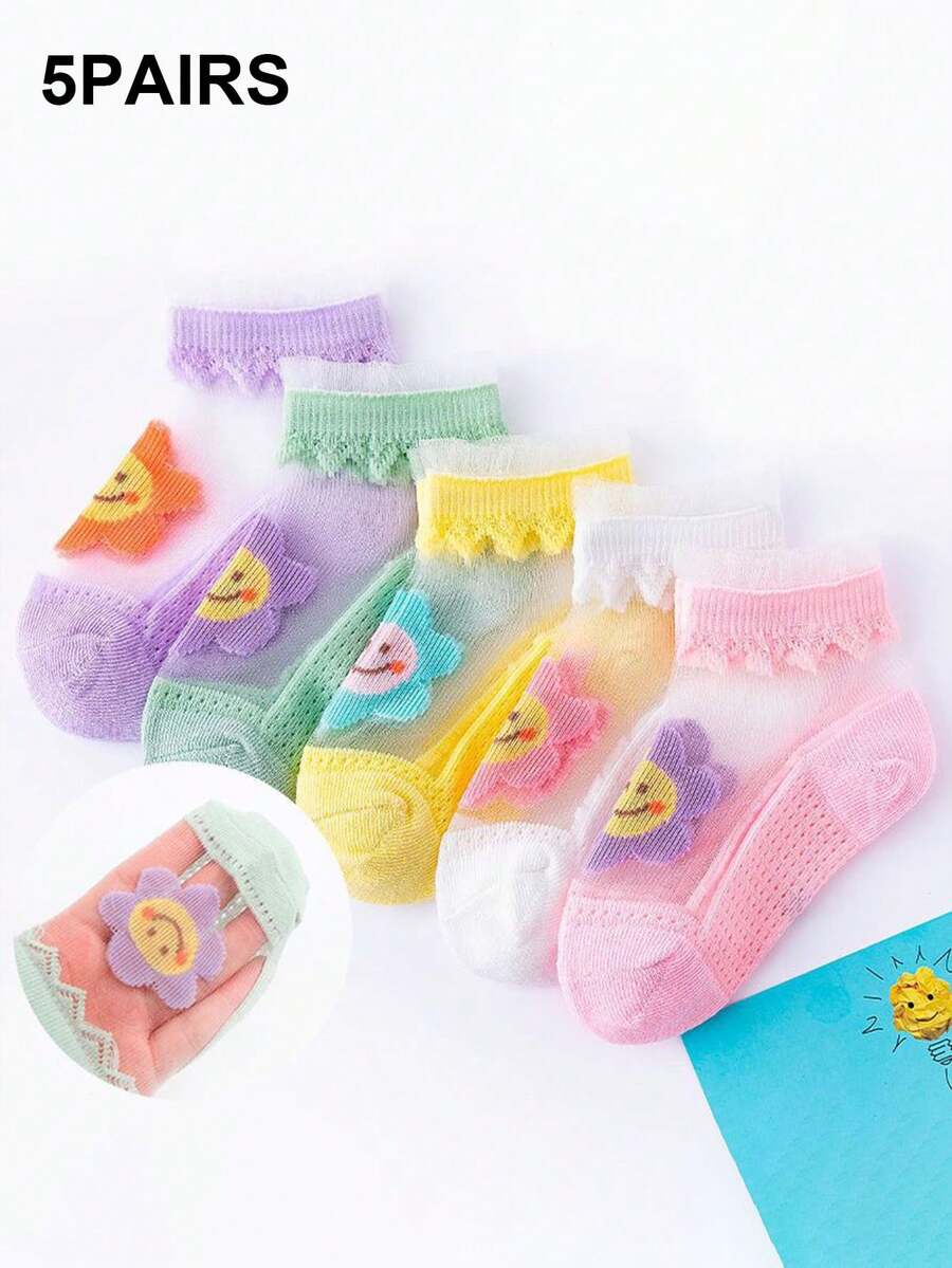 5 Pairs Kids Thin Socks, Girls Korean Style Breathable Silk Ankle Socks With Laughing Face Pattern, Spring/Summer - Multicolor - View 1