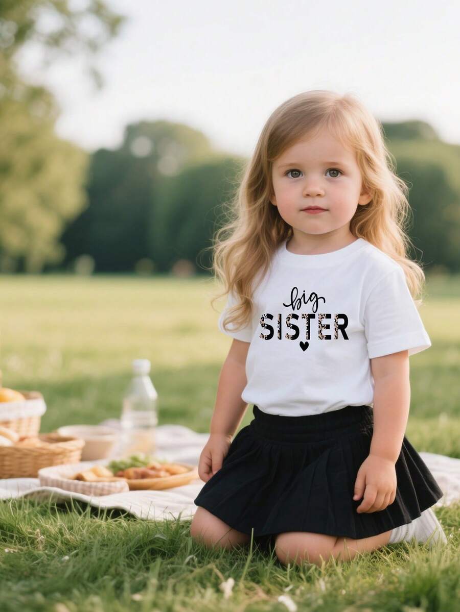 2-5 år flickor älskar SISTER tryck elastiska andningsbara sommartoppar, barnkläder T-shirt - Vitt - Visa 1