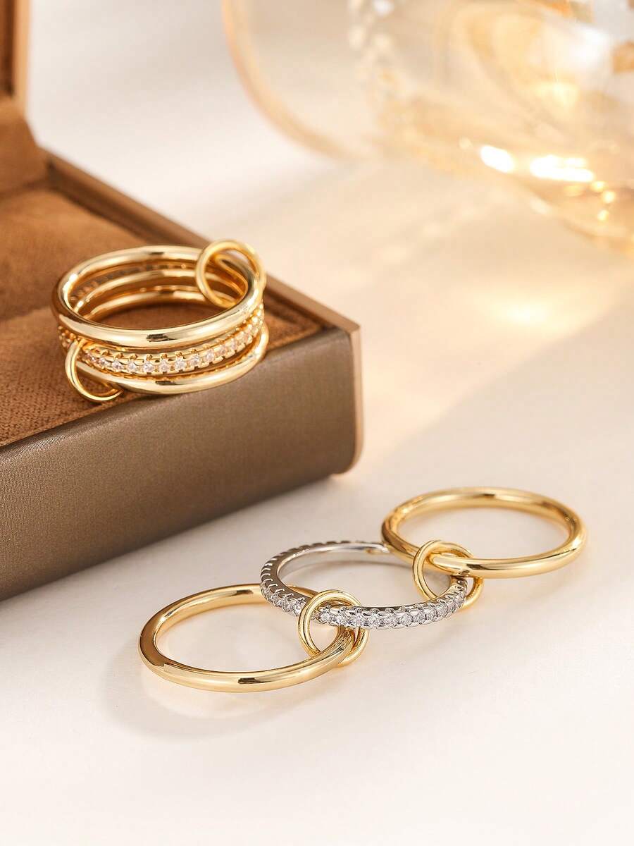 3pcs Fashionable & Elegant Cubic Zirconia Layered Adjustable Copper Alloy Rings, Gold Jewelry - Set Of Rings - View 1