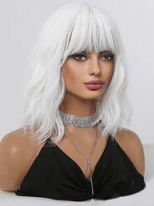 White Bob Wigs For Women Curly Wavy Wigs With Bangs Short Heat Resistant Synthetic Wigs For Party Costume Daily Wear Colorful Wigs Cosplay, Party Wedding Hair Wigs And Daily Wear Coachella Music Festival - 白色 - 查看 4
