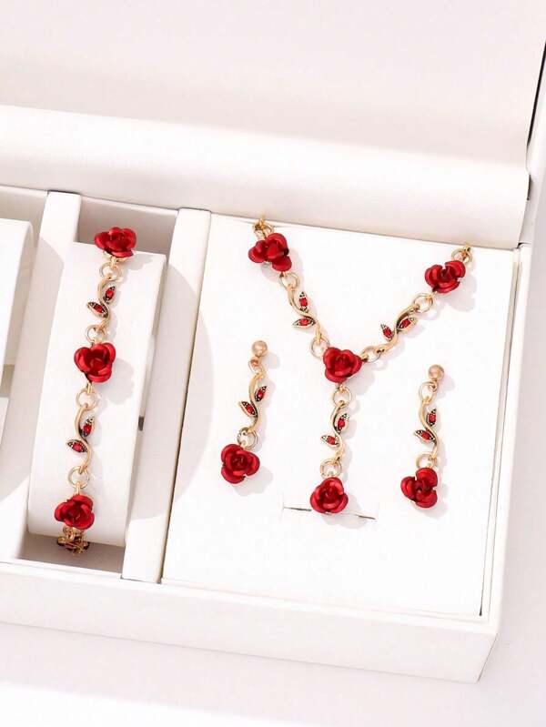 Set de joyería que incluye 1 collar + 1 pulsera + 2 pendientes, con decoración de flores de rosa vintage y rhinestones, sofisticado collar de rosa roja y azul, pulsera y pendientes de botón para mujer