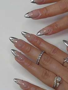 10Pcs Handmade Press On Nails Kit Almond Transparent Silver Wave Point Bling Glitter Glistening Iridescent Luxurious Rhinestone Decor Elegant Minimalist Old Money Japanese Style Modern Korea Style Fresh Design Nail Supplies Nails