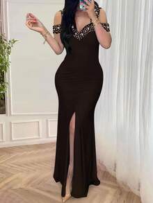Rhinestone Embellished Open Shoulder Ruched Front Slit Fitted Party Dress, Prom Dress - Brown - View 3