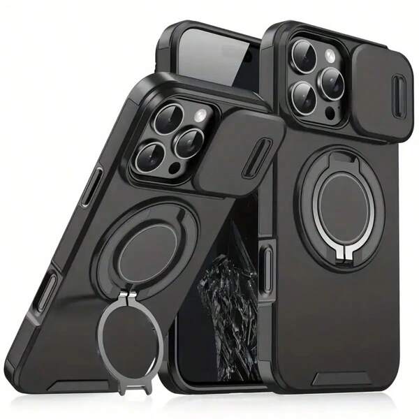 Compatible With IPhone 16/15/14/13/12/11/Pro/Max Pro/Plus Phone Case, With Sliding Camera Cover + [Full Camera Protection], With 360° Rotating Stand/Magnetic Car Mount/Matte Anti-Shock Phone Protective Cover