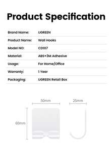 UGREEN 2Pcs ABS Stick Wall Hook Hanger Holder For Power Line Key Cable Organizer - White - View 11