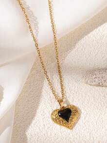 1pc Retro Colorful Drip Oil Heart Shaped 18K Gold Plated Stainless Steel Pendant Necklace, Fashionable Jewelry Gift For Stylish Lover - Gold - View 7