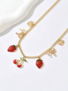 1 Peça Colar de Jóias com Tema de Festa de Frutas de Verão Elegante e Fofo, Cereja Pintada a Ouro DIY Mini, Pimenta Vermelha com Strass, Morango, Decoração de Laço, Adequado para Festa Sexy, Férias, Uso Diário, Presente de Feriado, Designado para Mulheres Charmosas e Personalizadas